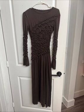 Zara Brown Long Sleeve Ruched Maxi Dress